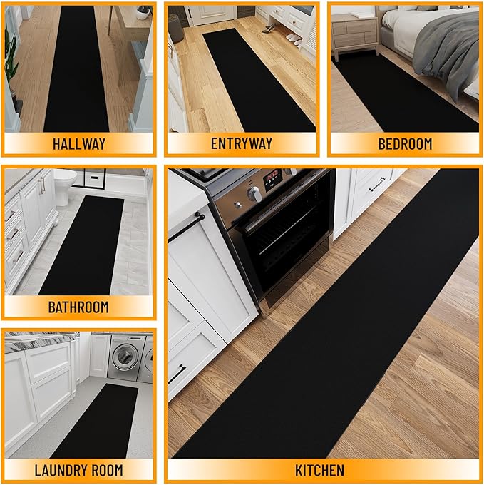 Ottomanson 2x20 Non Slip Extra Long Hallway Runner Rug with Rubber Backing - Solid Modern Kitchen Rug for Bedroom or Living Room, Black, 2' x 20'