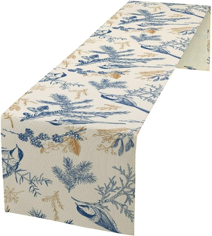 Floral Table Runner,Sketch Birds and Flowers Summer Table Runner Kitchen Dining Table Decoration for Home Party Decor 13x72 Inch