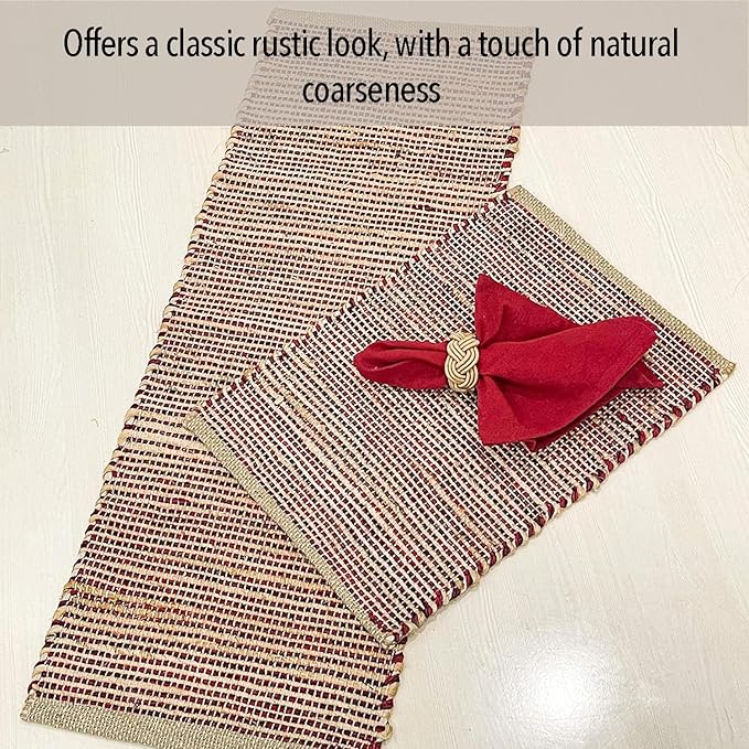 Chardin home Natural Jute Table Runner 13x36 Inch – Vintage Boho Rustic Table Decor – Handwoven Table Runner in Natural Jute and Red – Farmhouse Dining or Console Table Accent