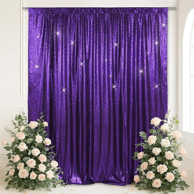 SquarePie Sequin Backdrop Less Transparent Background Sparkly Curtain for Wedding Halloween Party 6FT x 8FT Purple