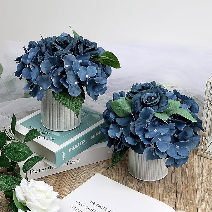 Flower Table Centerpieces - Set of 6 Floral Arrangement Artificial Wedding Hydrangeas Floral Arrangement with Rustic Metal Vase for Bridal Tea Party Event Decorations - Deep Dusty Blue