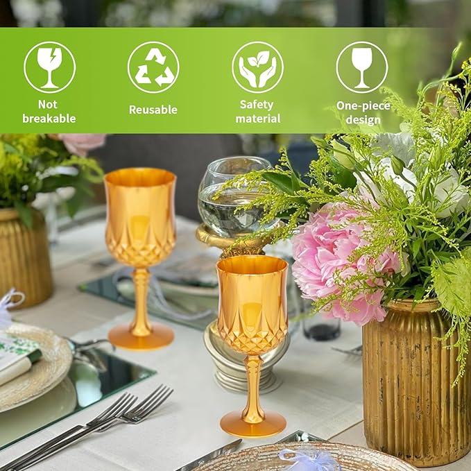 JLYLOL Plastic Vintage Wine Glasses 7OZ Plastic Goblets Vintage Drinking Glasses 24PCS Retro Wedding Glassware Water Goblets Reusable Drinking Cups for Party,Reception,Celebration,Bar,Whiskey(Amber)