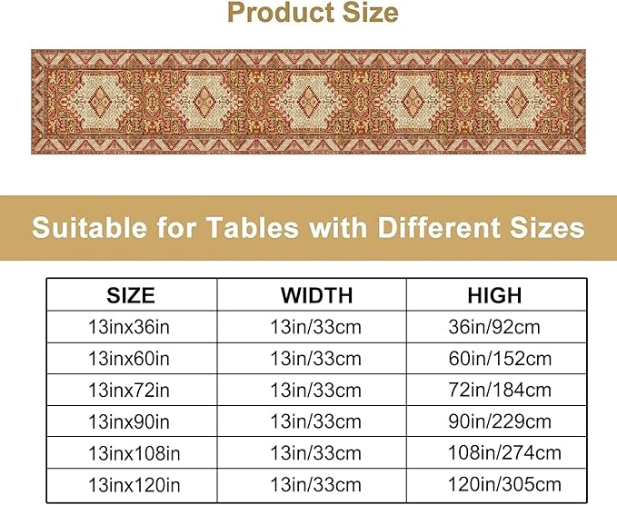 Boho Bohemia Style Orange Table Runner, Country Rustic Farmhouse Magical Abstract Print Pattern for Home Kitchen Table Decor Dining Coffee Room Garden Party Decor 13x60in