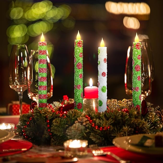 Baquler 6 Pcs Christmas Flameless Taper Candles 10.6 Inch Elf Theme Candles Battery Operated LED Christmas Candlesticks for Xmas Centerpiece Holiday Party Decor