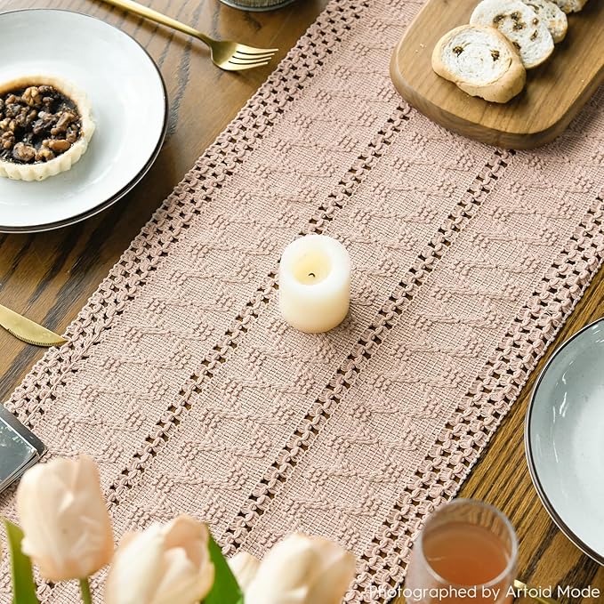 Artoid Mode Pink Farmhouse Woven Rustic Hollow Table Runner, Seasonal Holiday Hollow Kitchen Dining Table Decoration for Home Party Decor 12x60 Inch
