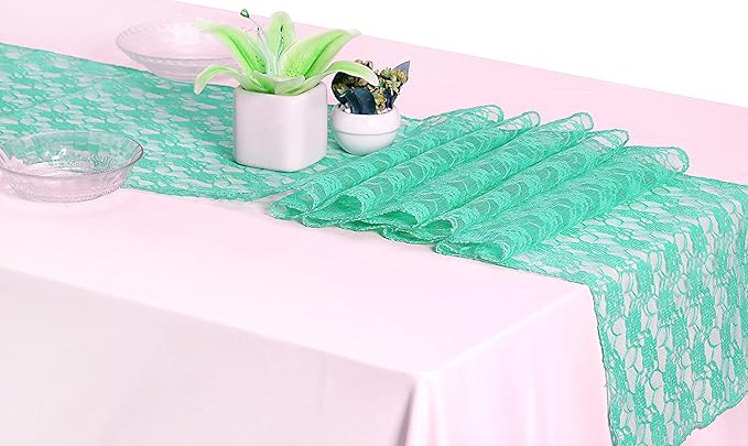 MDS Pack of 15 Wedding 12 x 108 inches Lace Table Runner for Wedding, Decorations for Birthday Parties, Banquets, Graduations, Engagements, and Runners fit Rectangle, Round Table- Mint