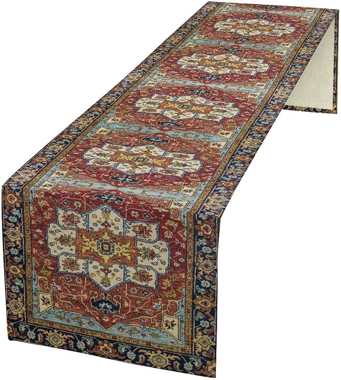 Vintage Boho Floral Table Runner, Rustic Country Farmhouse Red Blue Gold Retro Flower Pattern for Home Kitchen Table Decor Dining Coffee Room Party Decor 13x60in