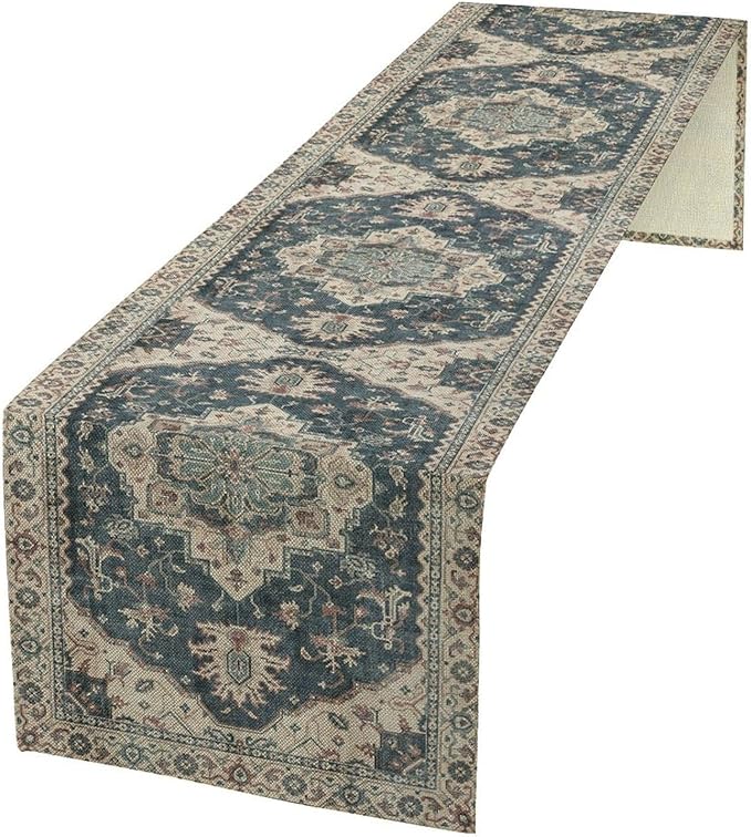 Boho Bohemia Style Table Runner, Vintage Blue Retro Flower Rustic Country Style Floral Print Pattern for Home Kitchen Table Decor Dining Coffee Room Garden Party Decor 13x120in