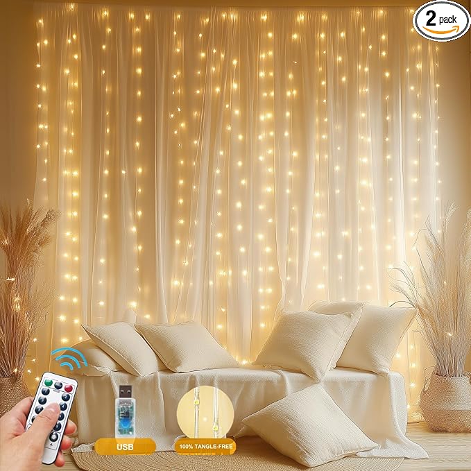 2 Pack Fairy Curtain Lights Upgraded Tangle-Free Warm White USB Plug in 8 Modes String Hanging Lights with Remote for Christmas, Bedroom, Indoor, Outdoor, Weddings, Party (6.6FTx6.6FT)
