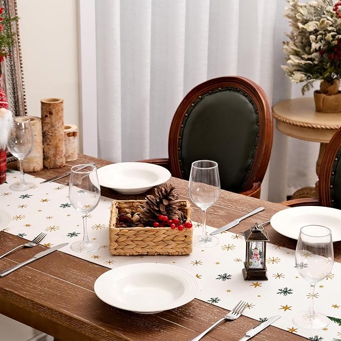 GEEORY Christmas Table Runner 13x108 Inch, Xmas Tees Snowflakes Holiday Decorative Farmhouse Table Decoration for Kitchen Dinning, Indoor Outdoor Dinner Party Decor (Light Green) GT166-108