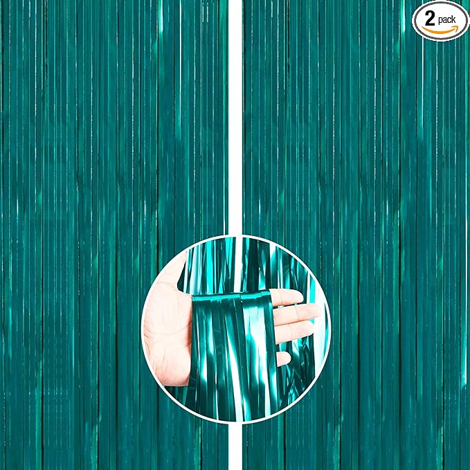 PartyWoo Foil Curtain 2 pcs, 3.3x6.6 ft Metallic Peacock Blue Tinsel Curtains, Backdrop Curtain, Foil Fringe Curtains, String Curtain, Birthday Decorations, Party Backdrop, Wedding Backdrop