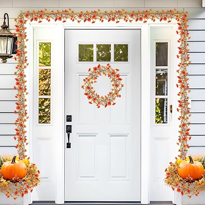 4 Pack Artificial Fall Flowers Garland, 6 FT Fall Decorations Fake Mums Floral Vines UV Resistant Faux Hanging Flower Ivy Garland for Home Party Table Wall Decor (Orange + Autumn Yellow)