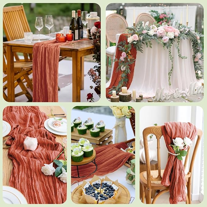 Asee'm 3pcs Cheesecloth Table Runner 120 Inches Long Terracotta Boho Gauze Cheese Cloth Runner 10FT Rustic Sheer Fall Table Runners for Thanksgiving Christmas Wedding Party Baby Shower Decoration