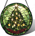 Stained Glass Window Hanging - Green Christmas Tree Golden Bells Suncatcher for Doors Home Christmas Decoration Sun Catcher Thanksgiving New Year Birthday Gift for Women Men Mom Nana 7.8 in