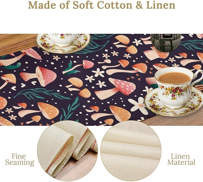 Mushroom Table Runner,Retro Forest Plant Table Cloth Farmhouse Kitchen Dining Table Decoration for Home Party Decor 13x90 Inch