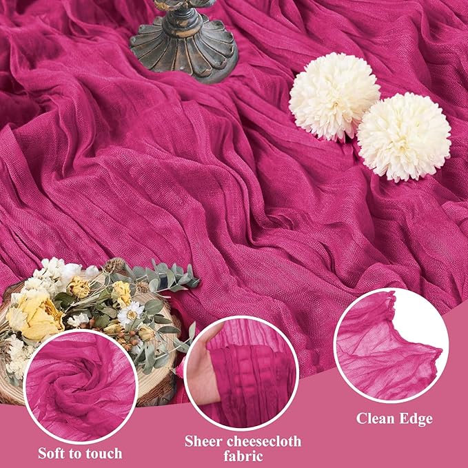 Asee'm Cheesecloth Table Runner 120 Inches Long Fuchsia Boho Gauze Cheese Cloth Runner 10FT Rustic Sheer Fall Table Runners for Thanksgiving Wedding Party Baby Shower Decoration