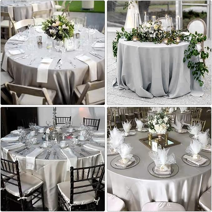 fani 6 Pack 120 Inch Sliver Round Tablecloth - Premium Silky Satin Tablecloth Overlay Smooth Fabric Table Cover Linens, Table Decoration for Wedding Party Banquet Events Restaurant Kitchen Dining