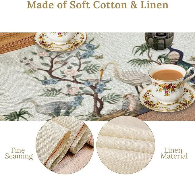 Peacock Table Runner,Retro Chinese Peonies Flowers Peacock Table Runner for Home Kitchen Dining Party Indoor Outdoor Decoration 13x36 Inch