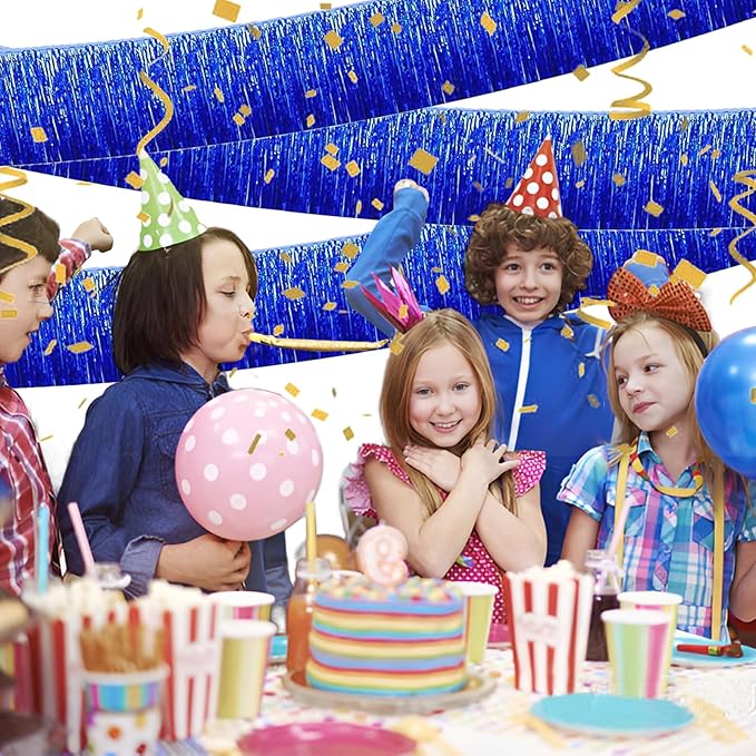 Blue Foil Fringe Garland 10FT 6packs, Metallic Foil Tinsel Fringe Banners for Parade Float Decorations Wedding, Birthday Party Graduation (six Blue)