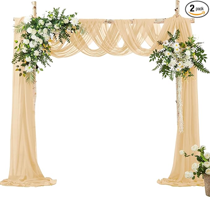 VACVELT Wedding Arch Draping Fabric Champagne Chiffon, 2 Panels Sheer Drapes 30 Inch x 20ft Chiffon Backdrop Curtain Decor, Outdoor Sheer Drapery for Ceremony Party Ceiling