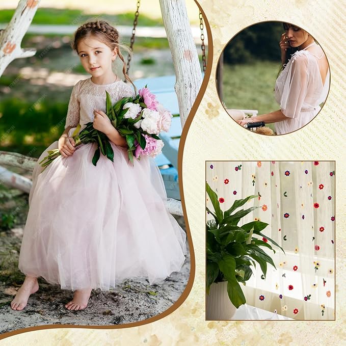 Champagne Floral Table Runner 10 FT, Embroidery Daisy Table Runners Seasonal Sheer Tulle Table Runner for Thanksgiving Wedding Birthday Baby Shower Party ﻿