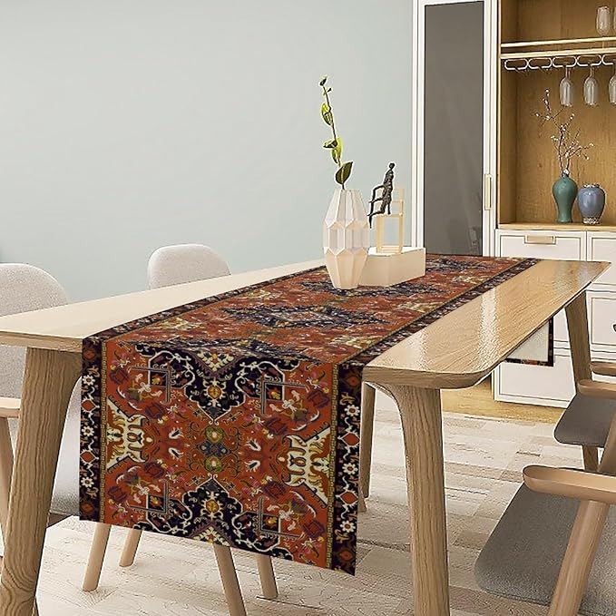 Vintage Boho Orange Table Runner, Country Rustic Farmhouse Magical Abstract Print Pattern for Home Kitchen Table Decor Dining Coffee Room Garden Party Decor 13x36in