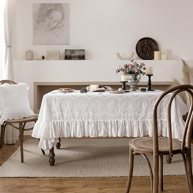 patdrea Vintage Ruffle Tablecloth for Rectangle Tables,Farmhouse Embroidered Cotton White Lace Table Cloth Cover Decor for Dining Room Wedding Banquet Thanksgiving Christmas,59"*75"