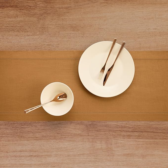 Solino Home Linen Brown Sugar Table Runner 90 Inches Long - 100% Pure Linen 14 x 90 Inch Table Runner for Fall, Autumn, Thanksgiving - Classic Hemstitch