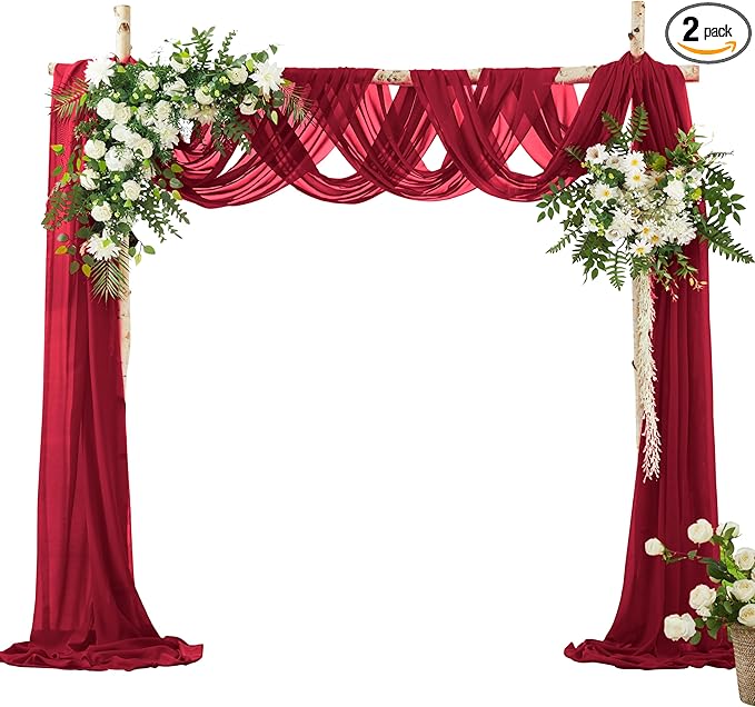 VACVELT Wedding Arch Draping Fabric - Burgundy Chiffon, 2 Panels Sheer Drapes, 30 Inch x 20ft Backdrop Curtain for Outdoor Wedding Ceremony Decor
