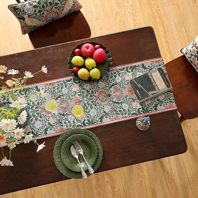 ISAENNE Designer French Green Elegant Linen Table Runner 118 Inches Extra Long,Colorful Flower Pattern Soft Table Runners for Dining Tables,Thanksgiving,Kitchen Tables,Christmas,12"*118"-Naples B