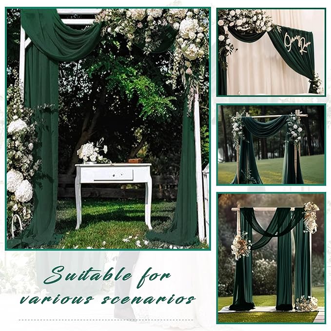 Emerald Green 4 Panels Wedding Arch Draping Fabric 20Ft Length x 28" Width Arch Drapes Chiffon Fabric Sheer Curtains Backdrop for Party Bridal Decorations Wedding Ceremony Stage Reception Decor