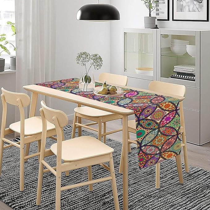 Boho Floral Table Runner,Colorful Flower Retro Bohemian Table Cloth Kitchen Dining Table Home Party Decoration 13x90 Inch