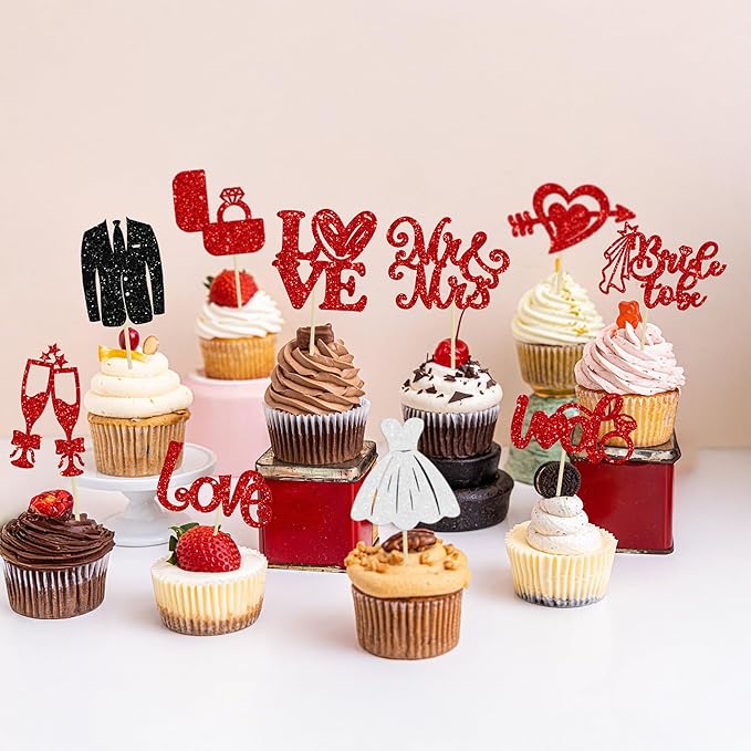 Ephlyn 30Pcs Bride to be Cupcake Toppers Glitter Wedding Cake Topper Decorations I Do Love Heart Ring Cupcake Picks for Bridal Shower Wedding Engagement Party Supplies Red