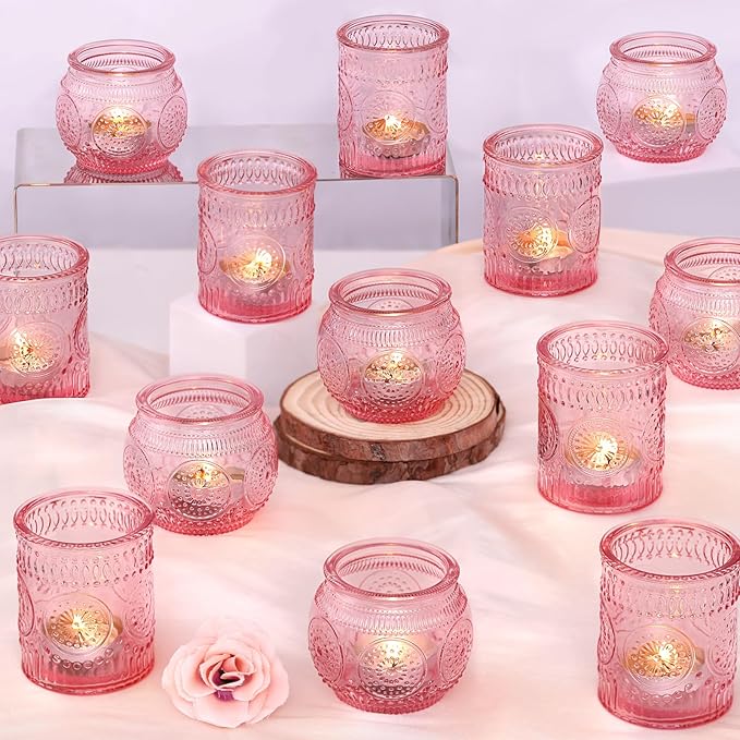 DARJEN 24Pcs Pink Votive Candle Holders- Glass Candle Holders Bulk for Flameless LED Tea Waxes, Romantic Candle Holder for Wedding Decor, Various Parties & Dinner Table