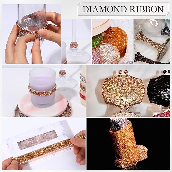 Rhinestone Ribbon 3 Yards Self Adhesive Rhinestone Strips Diamond Ribbon Sticker Crystal Roll Glitter Bling Rhinestones Tape for Crafting DIY Art Decoration (Rose Champagne,0.4 Inch)