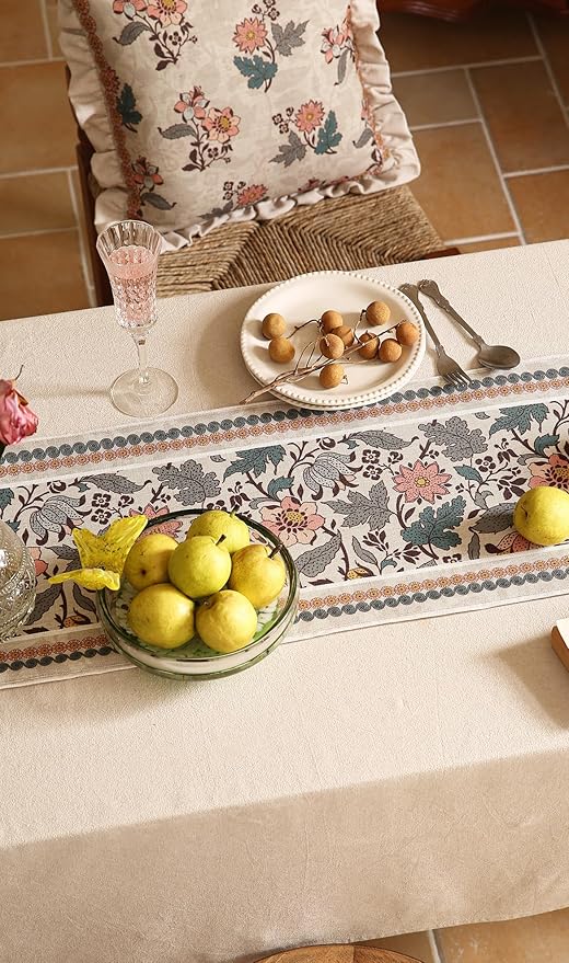 ISAENNE Designer Bohemian Linen Table Runner 87 Inches Long,Elegant Lotus Flowers Pattern Decor Table Runners for Dining Tables,Thanksgiving,Kitchen Tables,Christmas,12"*87"-Hazel A