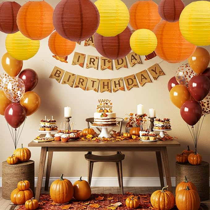BEISHIDA 12Pcs Fall Orange Paper Lanterns Decorative Yellow Orange Brown Hanging Round Paper Lanterns Lamp for Thanksgiving Harvest Fall Wedding Autumn Birthday Decor,Outdoor Party Decoration
