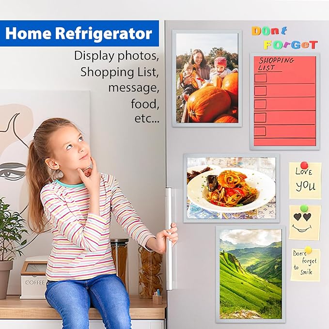 20 Pack Magnetic Sign Holder 8.5 x 11, Self-Adhesive Magnetic Picture Frame & Document Holder for Wall, Door, Fridge, Glass - Double-Sided Magnetic Frame for Poster & Paper Display (Silver)