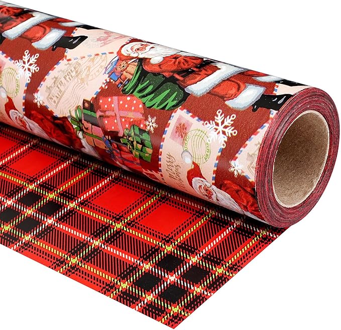 Ulmasinn Reversible Christmas Wrapping Paper Roll - 17" x33ft Double-Sided Designs with Santa and postcard & Plaid for Xmas Gift Wrap for Presents, Table Decor & Crafting