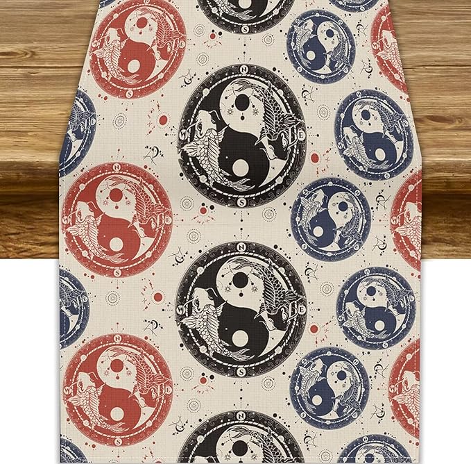 Yin Yang Table Runner, Vintage Mid Century Traditional Oriental Koi Fish Mystical Celestial Moon Stars Print Table Runner for Kitchen Dining Table Party Decor, 13x90inch