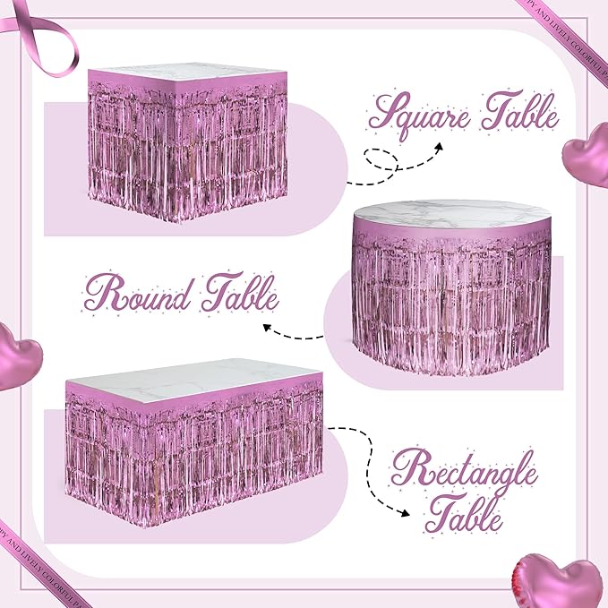 2 Pack Pink Table Skirts, 29x108" Metallic Foil Tinsel Fringe Table Skirts for Rectangle Tables Streamer Curtains Backdrop, Party Decorations for Birthdays Weddings Holidays
