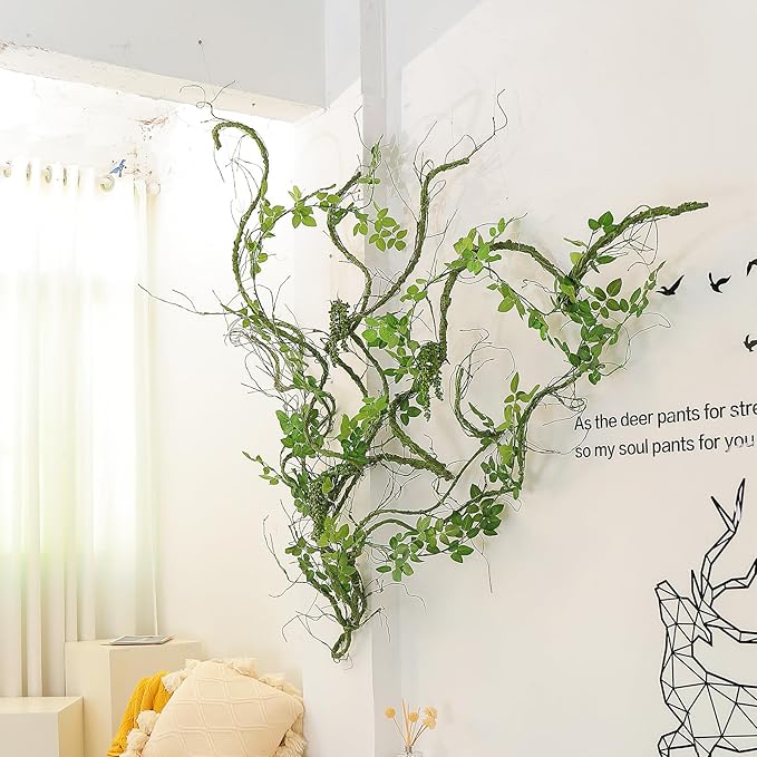 118 inch Medium Malleable Artificial Green Tree Branches Grapevine Garland Fake Cherry Blossom Tree Trunk Twigs for Wall Hanging Willow Ivy Home Room Wedding Decoraton
