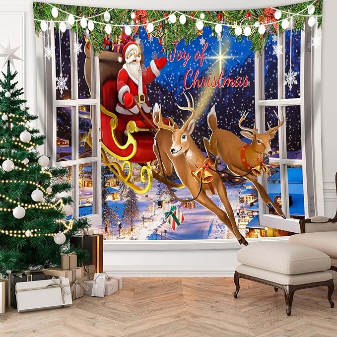 QGHOT Christmas Window Tapestry Wall Hanging Christmas Backdrop Xmas Winter Window Wall Decor Santa Claus Tapestries for Bedroom Living Room Dorm Holiday Party Decoration, Extra Large
