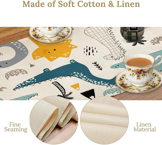 Cartoon Dinosaur Table Runner,Kids Boys Cute Various Dino Moutain Modern Abstract Print Tablecloth Burlap for Hotel Indoors Outdoor Dining Room Kitchen Holiday Party, 13x36in