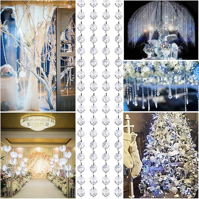 Crystal Acrylic Gems Bead Garland Strands, KinHom 16 Feet Hanging Clear 14mm Daimond Beads Chain Garlands for Manzanita Tree Centerpiece, Chandelier Bead Lamp Chain, Christmas/Wedding Party Decoration