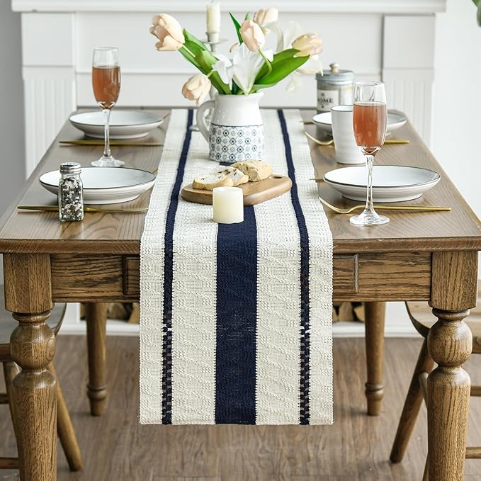 Artoid Mode Dark Blue Farmhouse Woven Rustic Table Runner, Seasonal Holiday Hollow Kitchen Dining Table Decoration for Home Party Decor 12x48 Inch