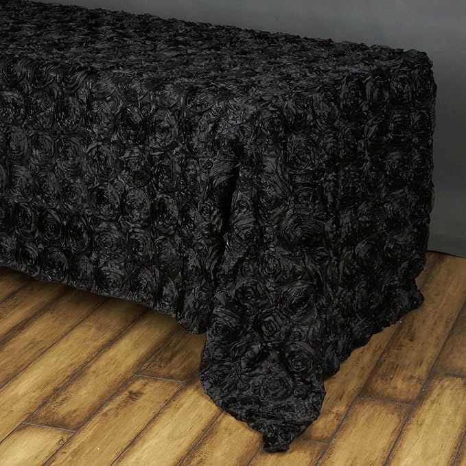 Efavormart 90"x156" Wholesale Rectangle Table Cover Black Grandiose Rosette 3D Satin Tablecloth for Wedding Party Event Decoration