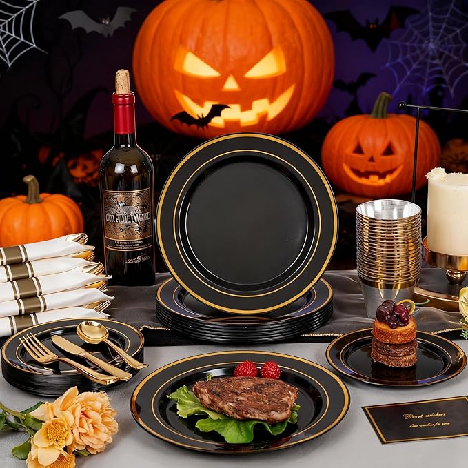 350 Pieces Black and Gold Plastic Plates with Disposable Silverware, Include 50 Dinner Plates 9”, 50 Dessert Plates 6.3”, 50 Black Cups 9 OZ, 50 Pre Rolled Napkins for Halloween new year