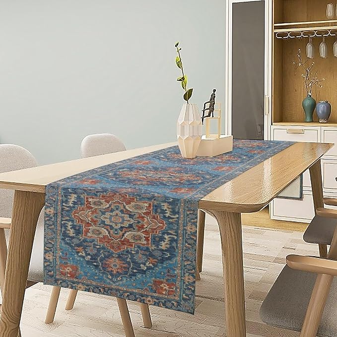 Boho Floral Vintage Table Runner, Retro Abstract Blue Flower Rustic Country Farmhouse Pattern for Home Kitchen Table Decor Dining Coffee Room Party Decor 13x60in