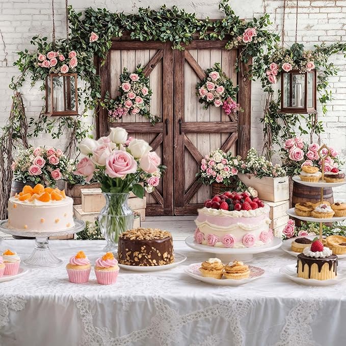 15x10ft Country Wedding Photography Backdrop Floral Rustic Roses Farmhouse Wooden Door Backdrop Pink Flower Birthday Baby Shower Wedding Bridal Party Banner Photo Booth Props Anniversary Background